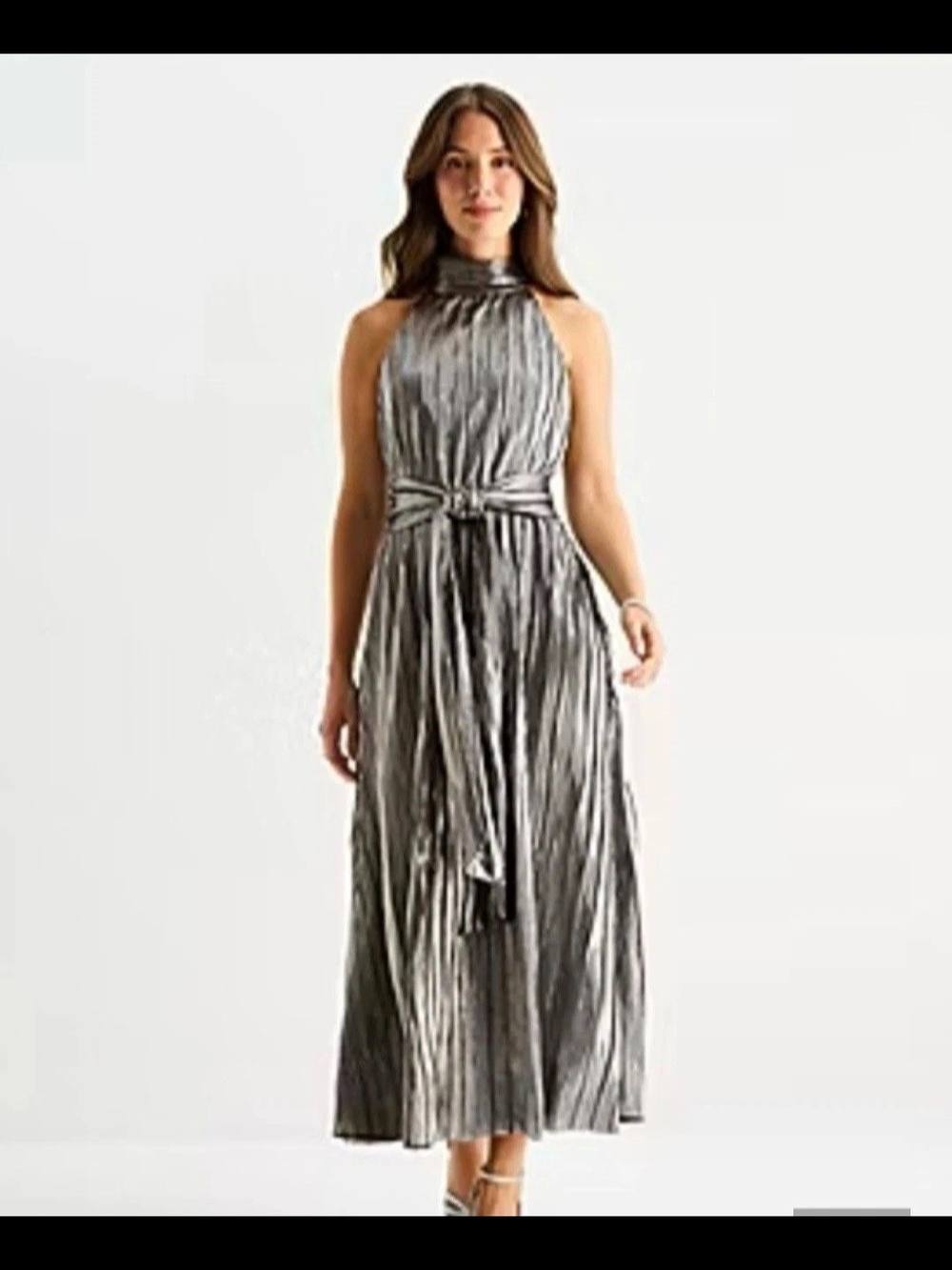 Halter Neck Metallic Maxi Dress in Silver